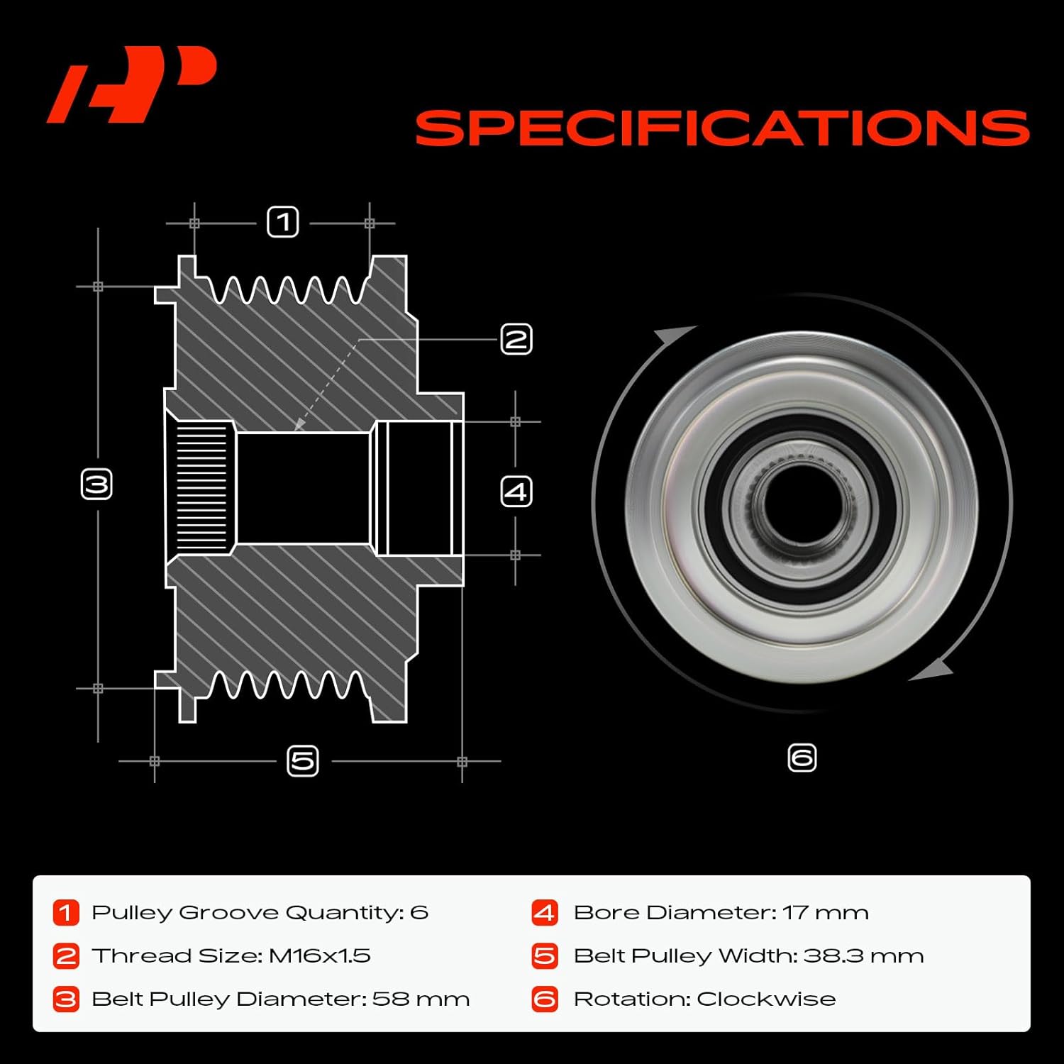 A-Premium Alternator Freewheel Clutch Pulley, 6 Grooves, Compatible with Hyundai Elantra 2017-2020 1.4L 2.0L, Kona 2018-2020 2.0L, Clockwise