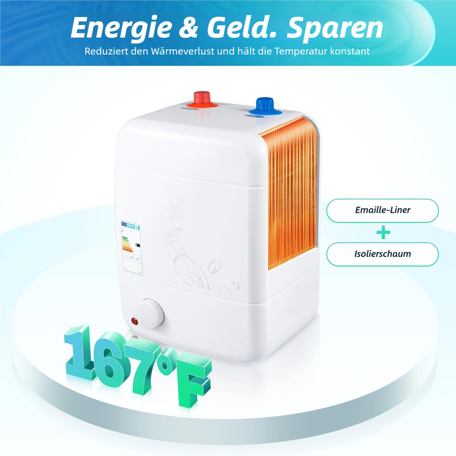 Pequeño acumulador bajo mesa 8L resistente a la presión – Depósito de agua caliente 1500 W bajo mesa 30 – 75 ℃ temperatura ajustable 23 x 21 x 36 cm