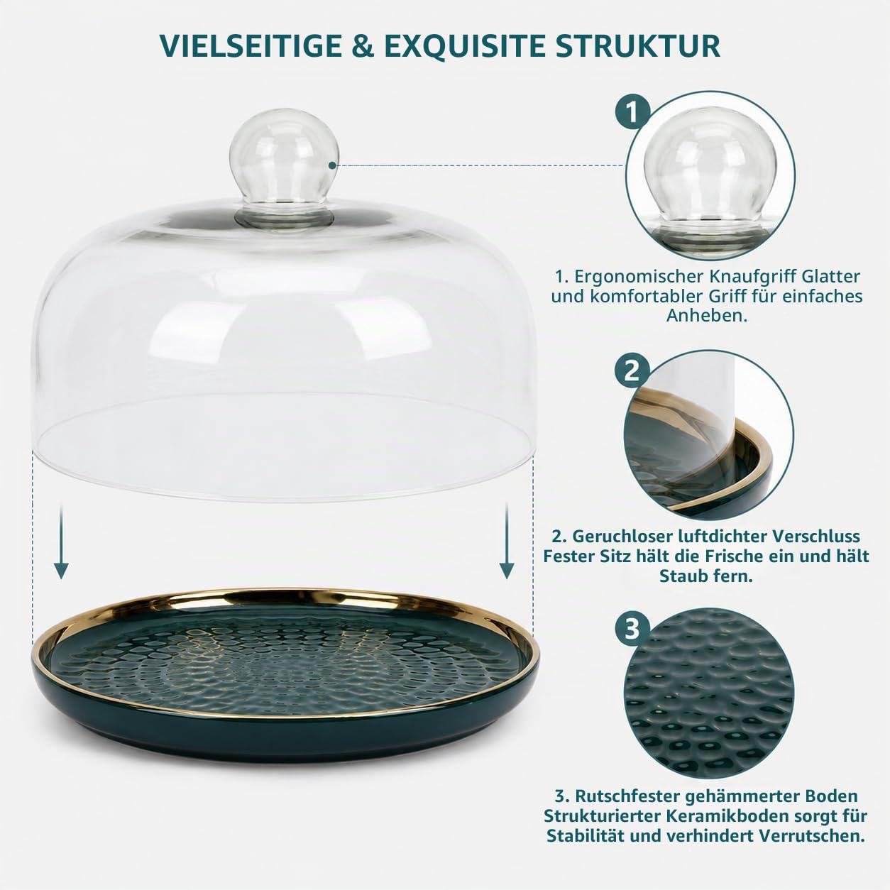 Cabilock Cabilock Kuchenständer Mit Glasglocke, Keramik Tortenplatte 10 Zoll, Grüne Keramik-Tortenplatte mit klarer Glasglocke für Kuchen, Käse und Desserts
