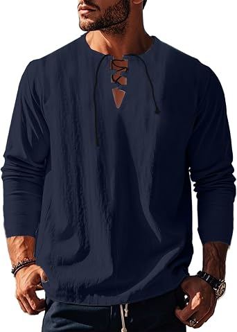Mens Shirts Summer Autumn 2025 Cotton Loose V-Neck Solid Color Vacation Beach Breathable Binding Strap Tops