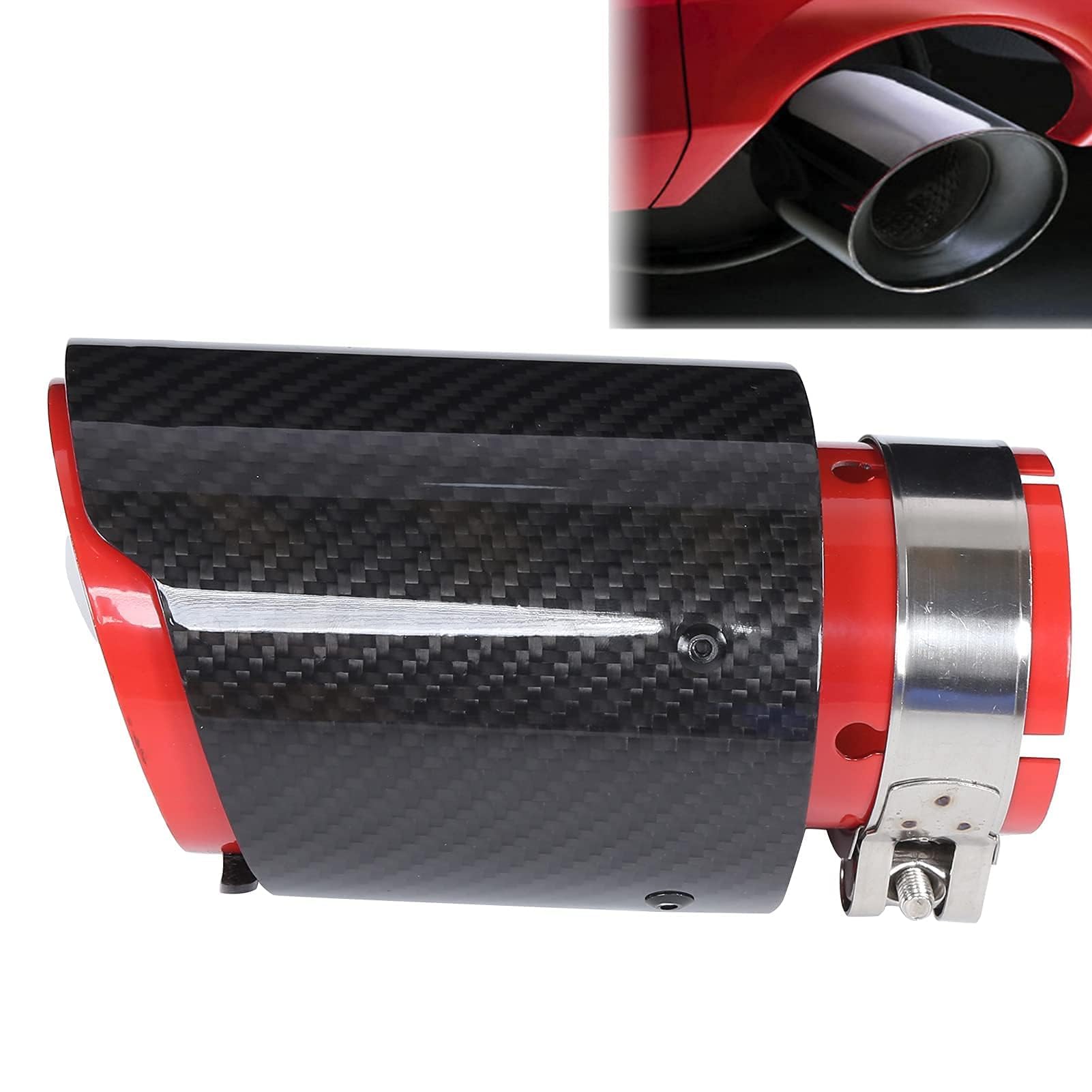 Gorge Arrière de Voiture 163mm/6,4 po, Embout D'échappement Universel en Fibre de Carbone Rouge Brillant Droit Entrée 63mm/2,5 po Sortie Simple 89mm/3,5po Embout Tube D'échappement Droit