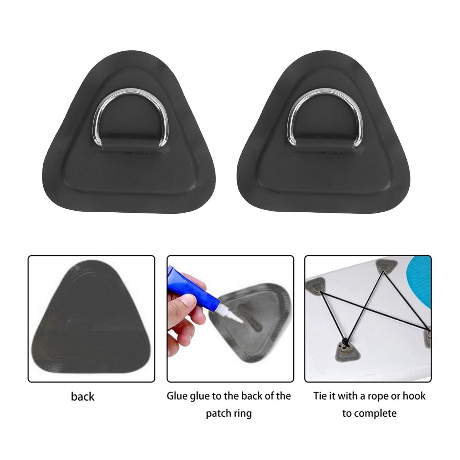 AMONIDA D Ring Patch, Triangle 4 Pièces Planche de Surf D Ring Patch Résistant à la Rouille Acier Inoxydable PVC Revêtement pour Paddle Board (Noir)
