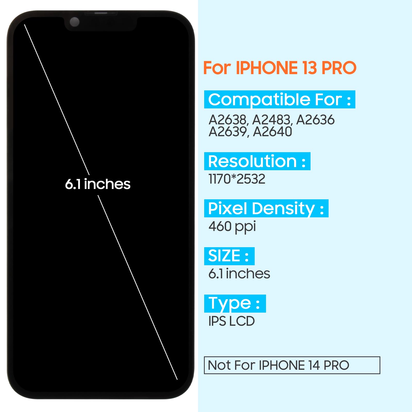 for iPhone 13 Pro LCD Screen Replacement for iPhone A2483 LCD Display A2638 A2636 A2639 A2640 3D Touch Display Screen Digitizer Full Assembly with Repair Kits(Incell)