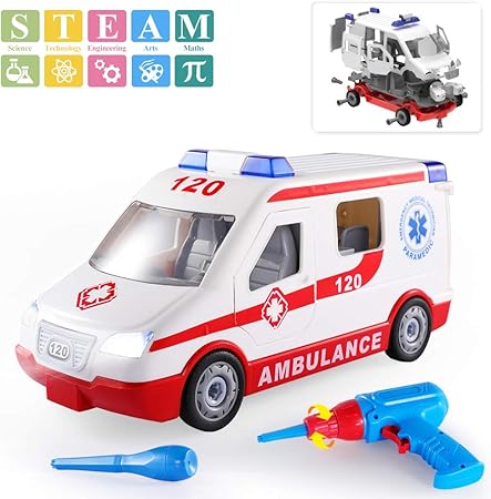 Amazon Temi 分解玩具 Stem電車救急車 警察車 飛行機 音とライト付き Diy組み立てブロックセット 電池式ドリルツール付き 男の子 女の子 子供 幼児 3歳以上 Pd55 17 大工さん おもちゃ