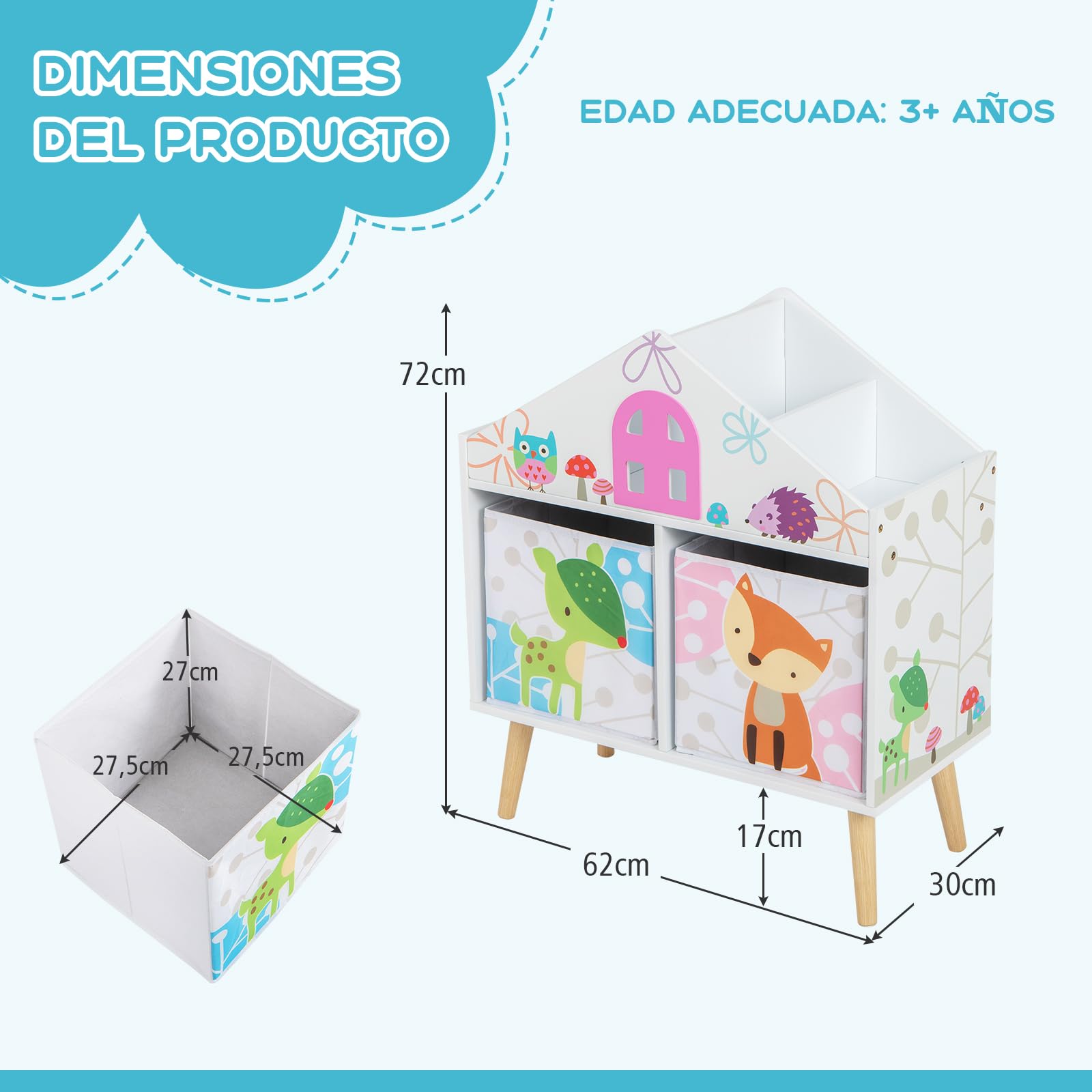 GOPLUS Estanteria Infantil de Juguetes y Libros para Niños, Organizador de Almacenamiento con 2 Cajones y 4 Compartimentos Abiertos de Gran Capacidad, Mueble Infantil con Patas Elevadas, 62×30×72 cm