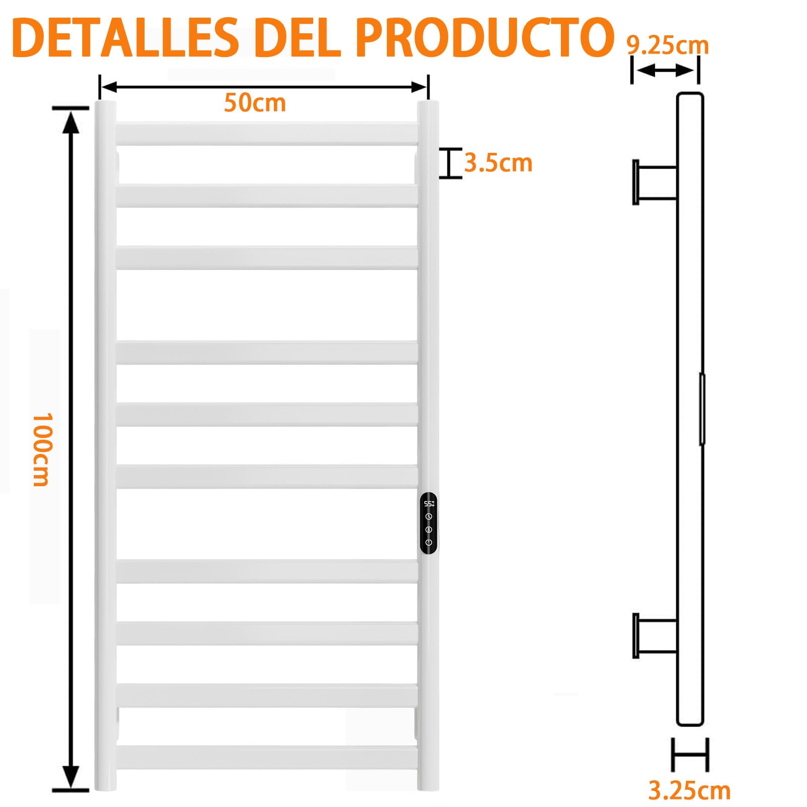 Radiador Toallero Eléctrico Baño, 285 W Radiador Calienta Toallas de Toallero, Toallero Calentado Temperatura Ajustable 30–70 °C, Temporizador 1-9 H y Pantalla táctil LED, IPX4, 50x100cm, Blanco