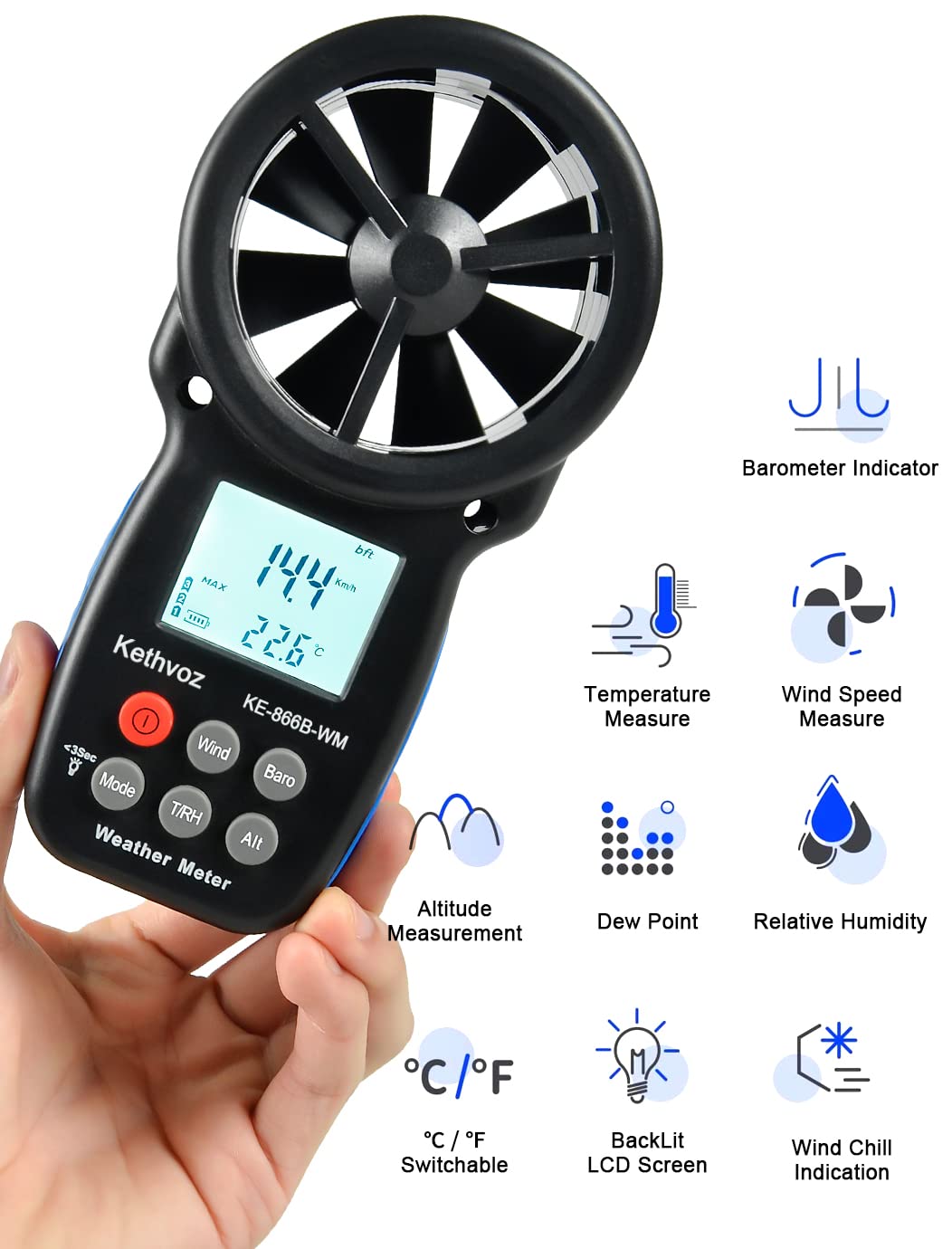 Anemómetro Digital Kethvoz KE-866B-WM Medidor de Viento con Barómetro, Altímetro y Medición de Humedad