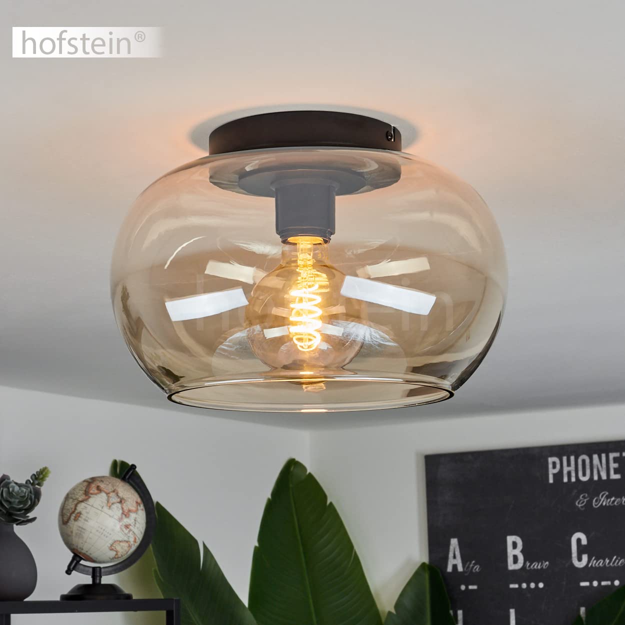 Lampada da soffitto Molloy, lampada da soffitto moderna in metallo/vetro in nero/ambra, lampada a 1 luce dal design retrò/vintage con paralume in vetro (Ø 31 cm), 1 x E27, senza lampadina/e