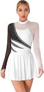 Vestido de patinaje artístico para mujer, con purpurina, manga larga, pedrería, vestido de ballet, cuello alto, body de baile con falda envolvente de gasa