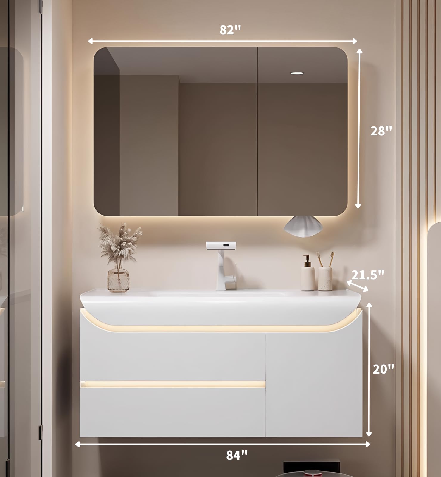 Nowoczesny 213 cm pływający zestaw łazienkowy z inteligentnym lustrem, montowany na ścianie jednoczęściowy, czujnik światła LED, stylowa biała szafka do współczesnych łazienek