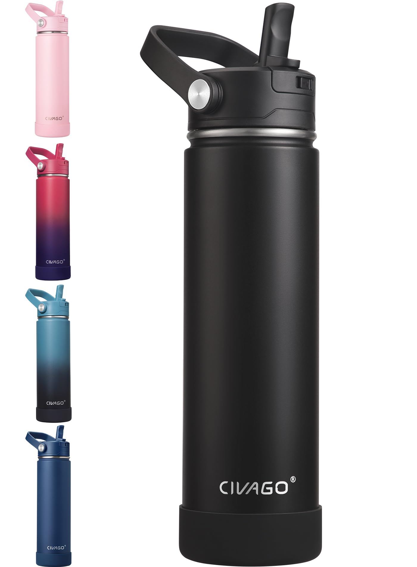 CIVAGO Insulated Stainless Steel Water Bottle with Detachable Straw, 750ml Metal Sports Drink Bottle with Bucket Handle, Leakproof Reusable Flask with Silicone Boot for Travel, Dishwasher Safe, Black