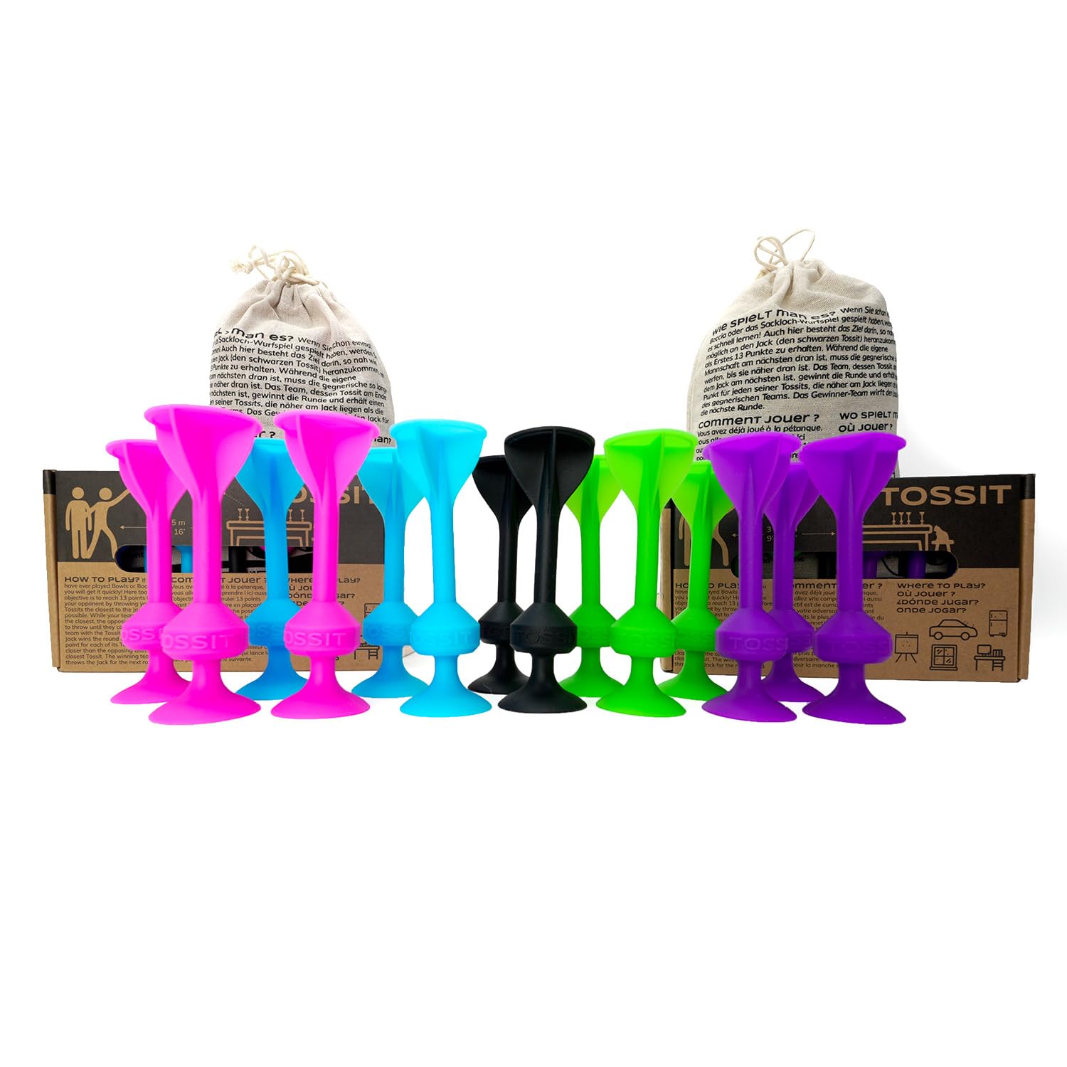 TOSSIT Spiel Saugnapf Darts, Indoor Outdoor Drinnen Draußen, Boccia, Petanque, Wurfspiel, Nachhaltig langlebig Silikon, Boden oder Wand, Twin Pack, Pink Hellblau Lila Grün