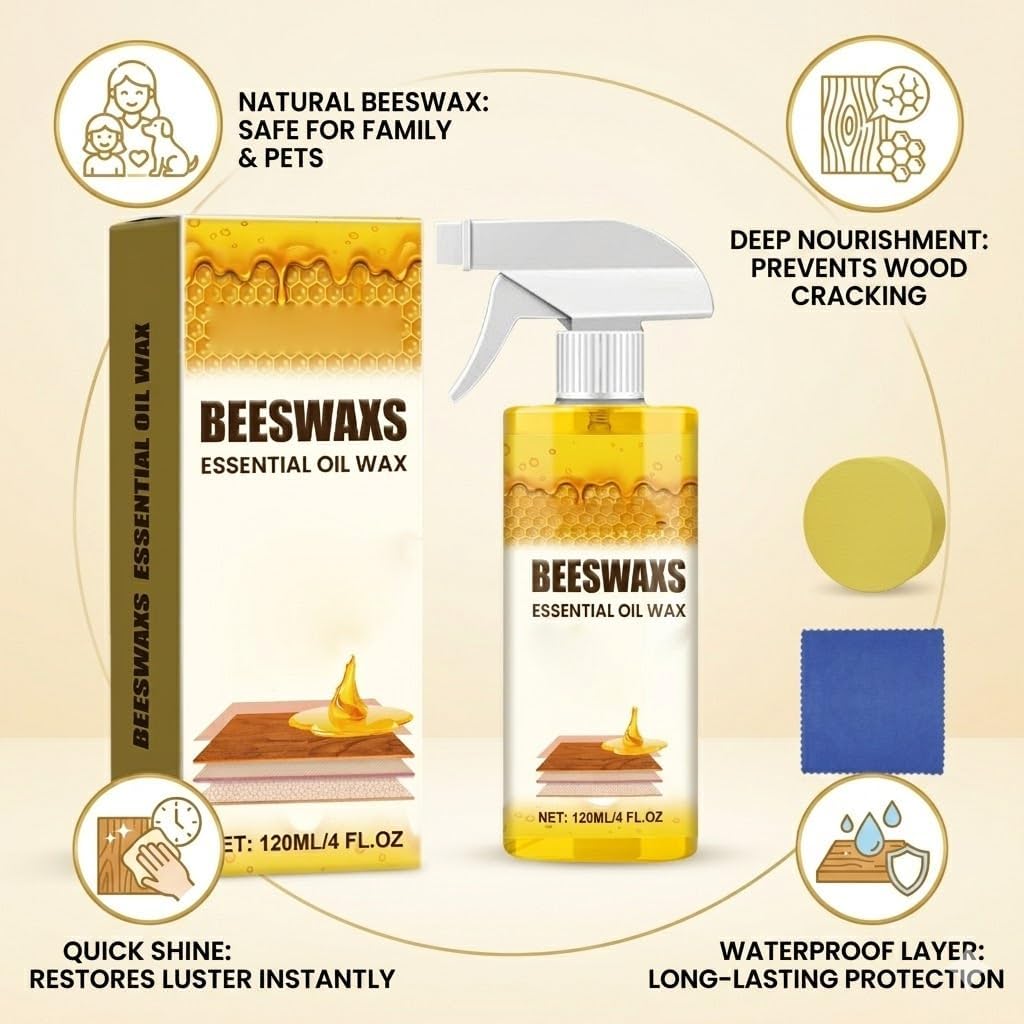 Beeswax Wood Polish Spray, Beeswax Spray Furniture Polish, Beeswa𝐱 Essential Oil Spra𝐲, Beeswa𝐱 Wood Conditioner, Natural Wo𝐨d P𝐨lish Spra𝐲, for Furniture, Floor, Tables, Cabinets (2pcs)