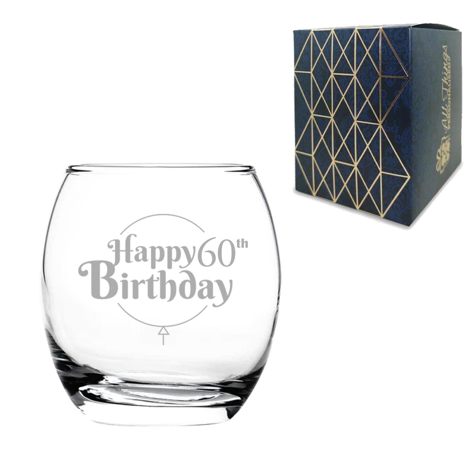 All Things Personalised Engraved 60th Birthday Gift, Tondo Tumbler Glass, Holds 13.6oz, 405ml, Gift Boxed, Happy Birthday Balloon Design, Gift for Him or Her, Laser Engraved in The UK
