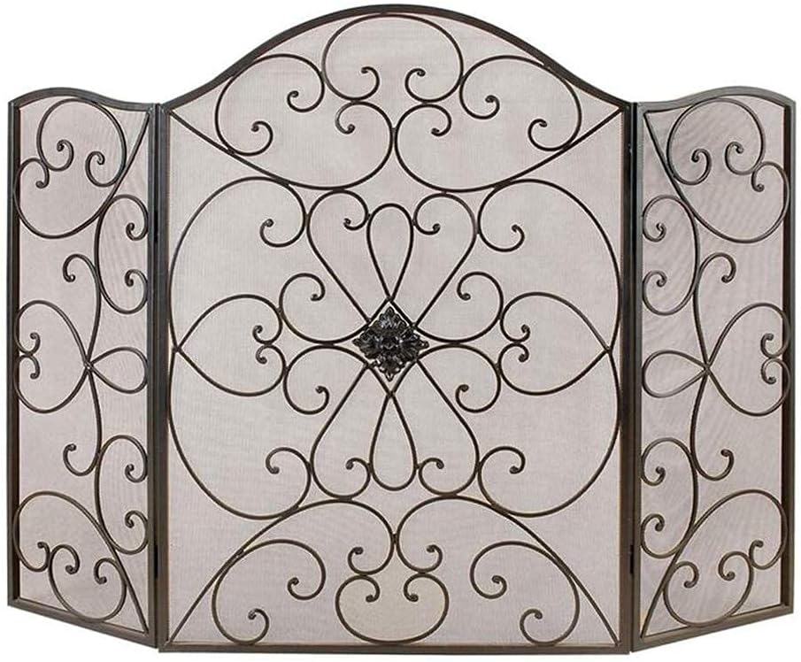 Fireplace Screen Guard, FireplaceProtection Wrought Iron 3 Panel Fire Screens， Baby Safe Proof Large FireplaceGuard with Metal Mesh， 50×35.4in， Scrollwork Design (Color : Black