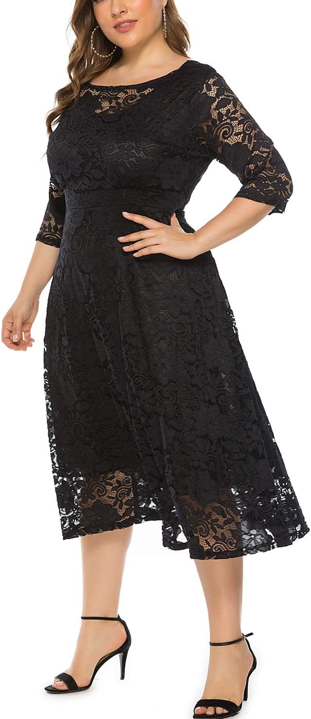 Eternatastic Womens Floral lace Plus Size Midi Dress Scooped Neckline Cocktail Party Dresses - Image 4