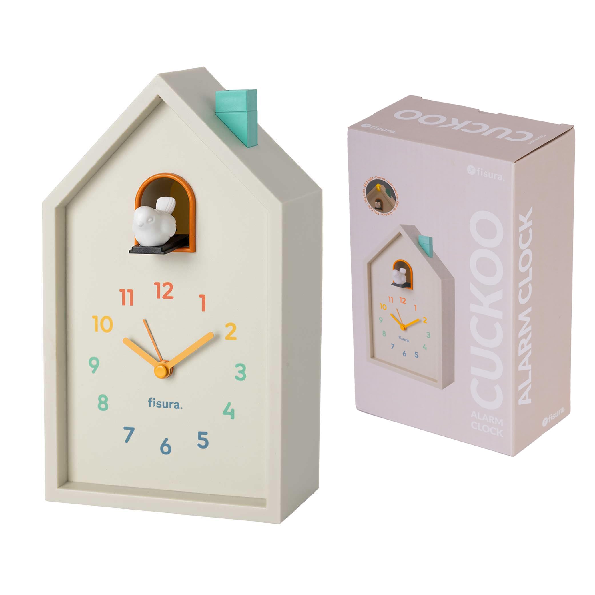 Fisura – Cuckoo alarm clock house with color, bedside table clock, original analog alarm clock with hands, snooze button, and light, Powered by 3 AA batteries (not included). (Multicolor)