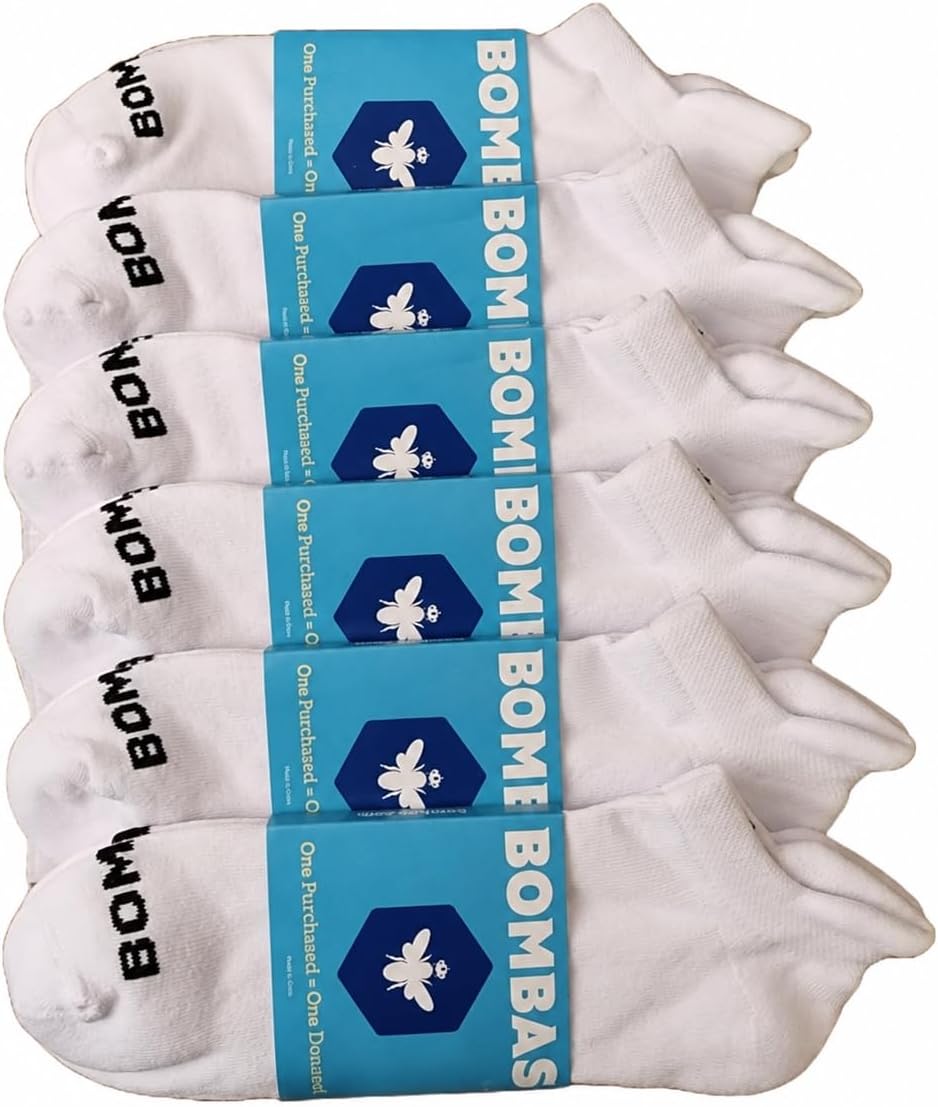 BOMBAS Women's Solid White Ankle Socks, 6-Pack Cushioned Low Cut Athletic Socks, Size Medium (7.5-11)