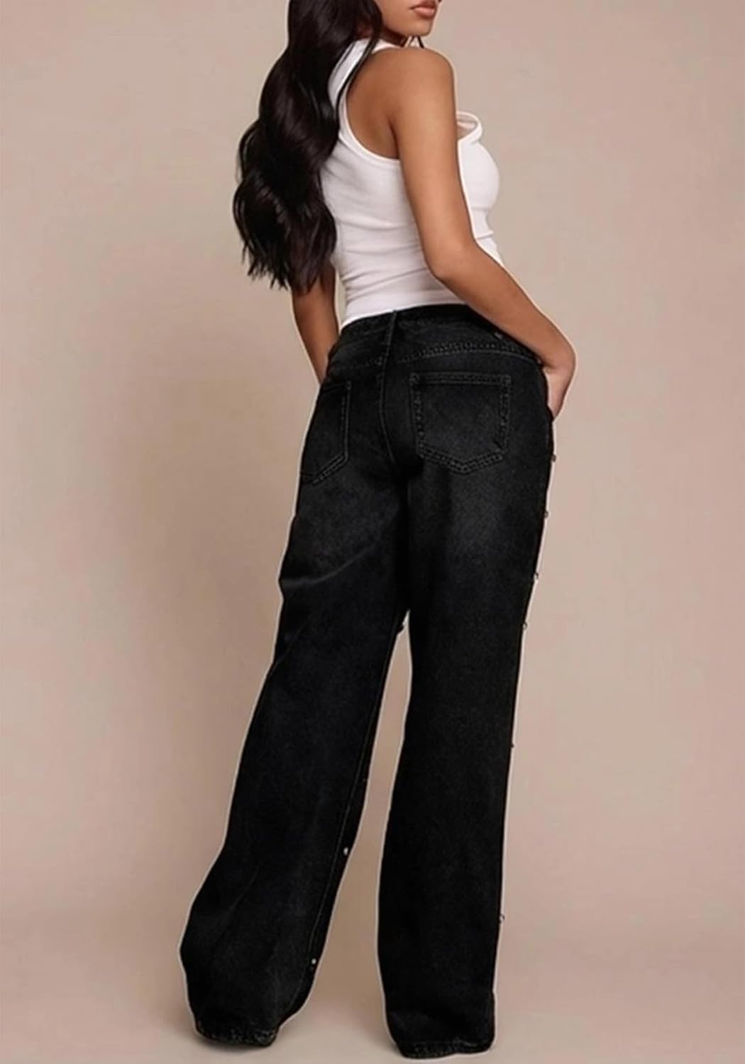 Unybwonn Women Straight Leg Jeans Rhinestone High Waisted Wide Leg Pearl Denim Pants Bling Glitter Studded Y2k Trousers