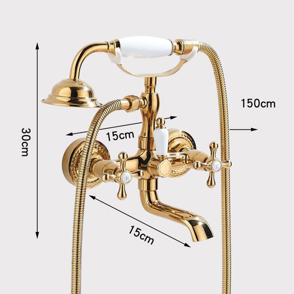 Retro mosiężny naścienny kran wannowy z prysznicem ręcznym tradycyjny podwójny uchwyt bateria wannowa 150 cm wąż eleganckie złote wykończenie idealny do łazienki