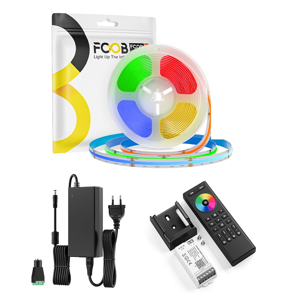 FCOB COB RGBW Tira LED RGB+NW(4000K) 896LEDs/M 5M 24V CRI90+ Uniform Multicolor Regulable Luz LED con Kit Controlador C04W +RC03RFB WiFi Tuya y Fuente alimentación 24V 96W