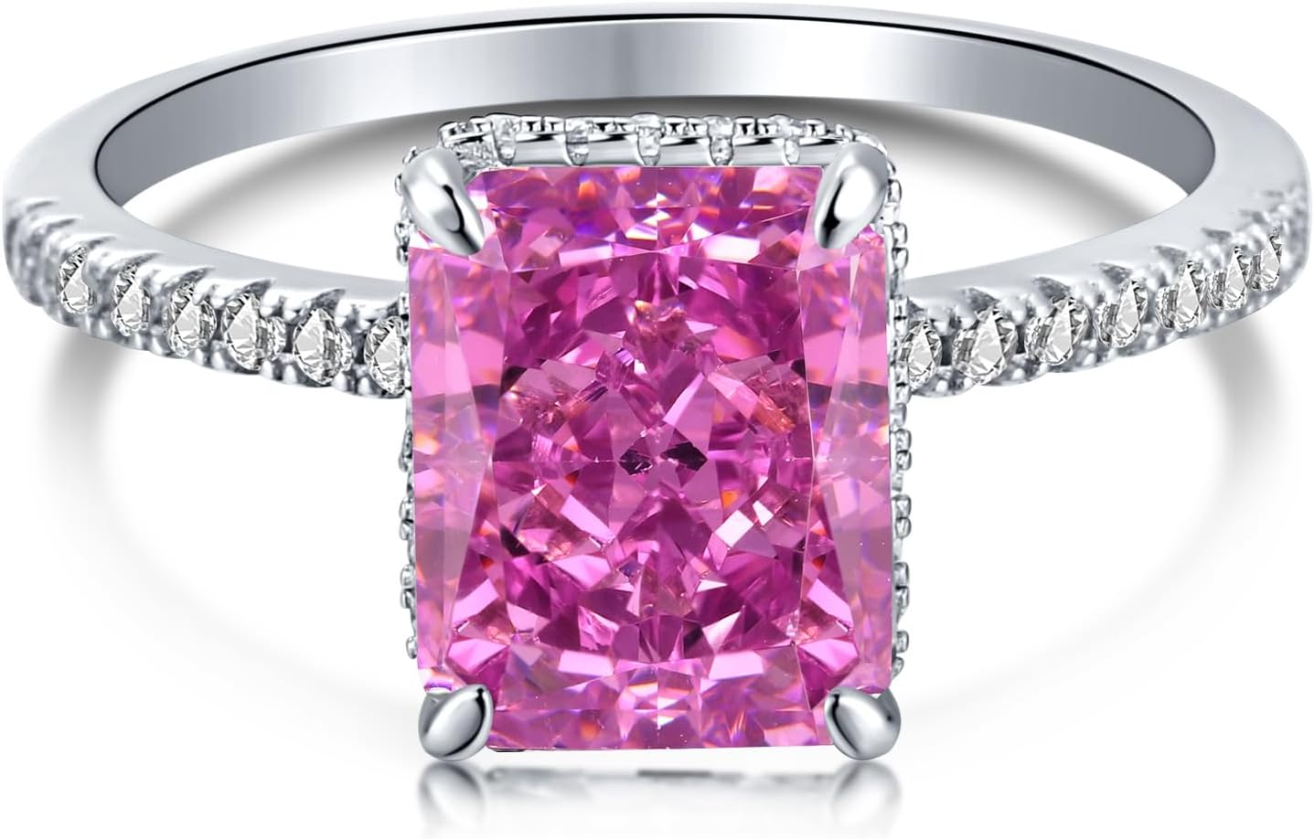 Women's Rectangle Design High-Carbon Diamond Engagement And Promise Ring – 4CT Rectangle Cut 925 Sterling Silver Pink Cubic Zirconia Wedding Ring, Superior To Moissanite