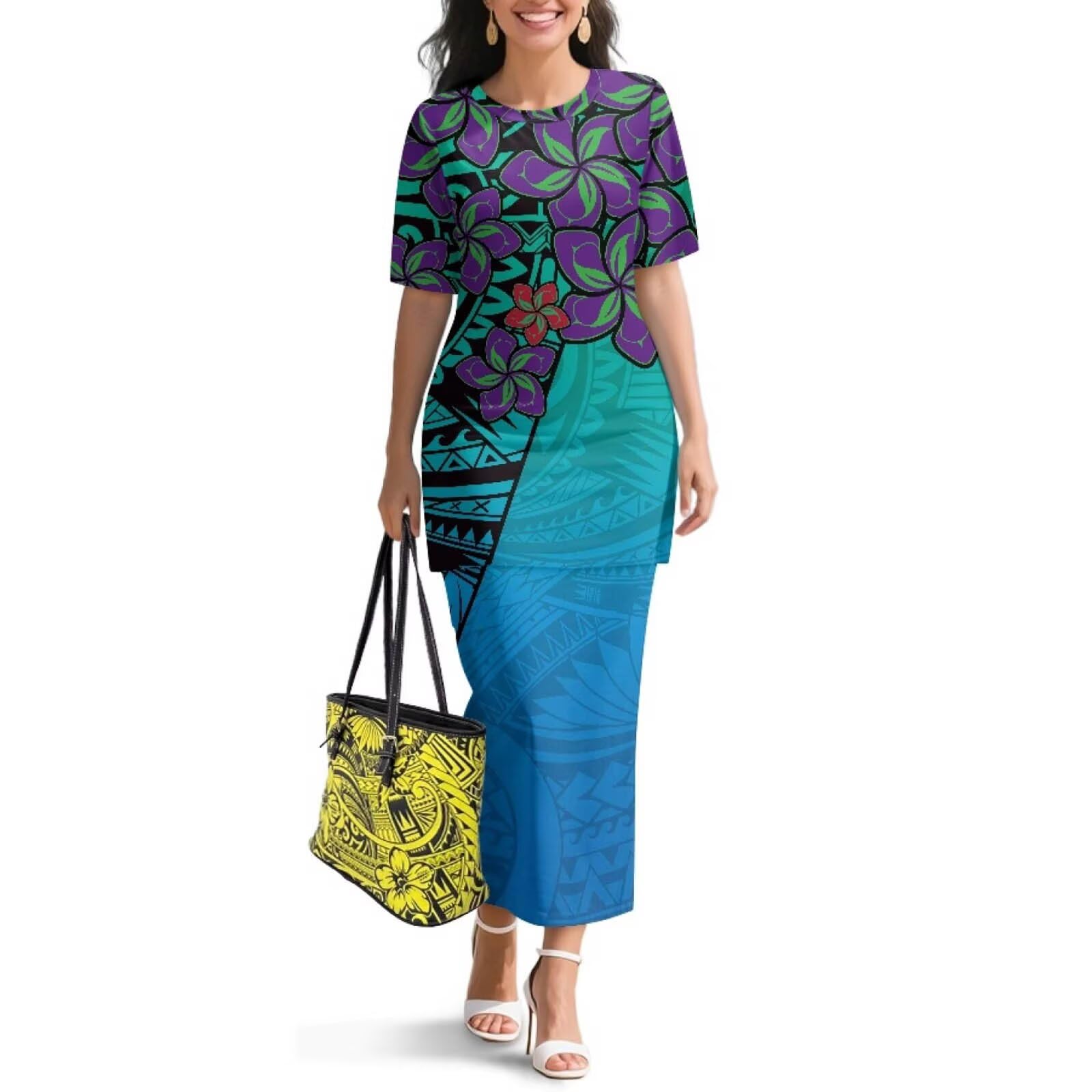 Polynesian Dress for Women Short Sleeve High Waist Maxi Skirt