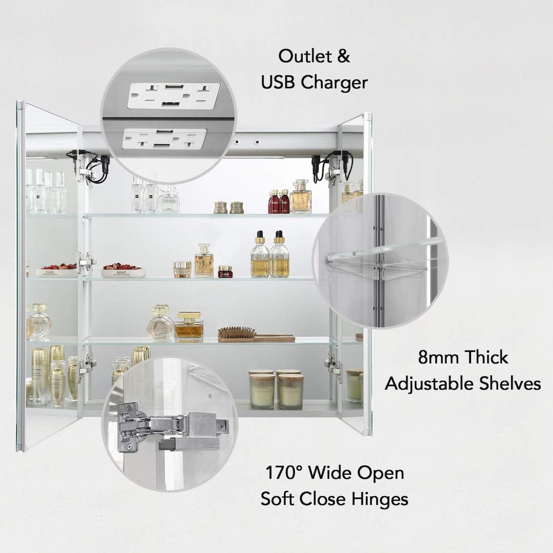 Blossom 30x32 Inch LED Medicine Cabinet Mirror for Bathroom, Lighted Medicine Cabinet with Mirror, Recessed or Surface Mount, Anti-Fog, Adjustable Brightness, Outlets & USB Ports