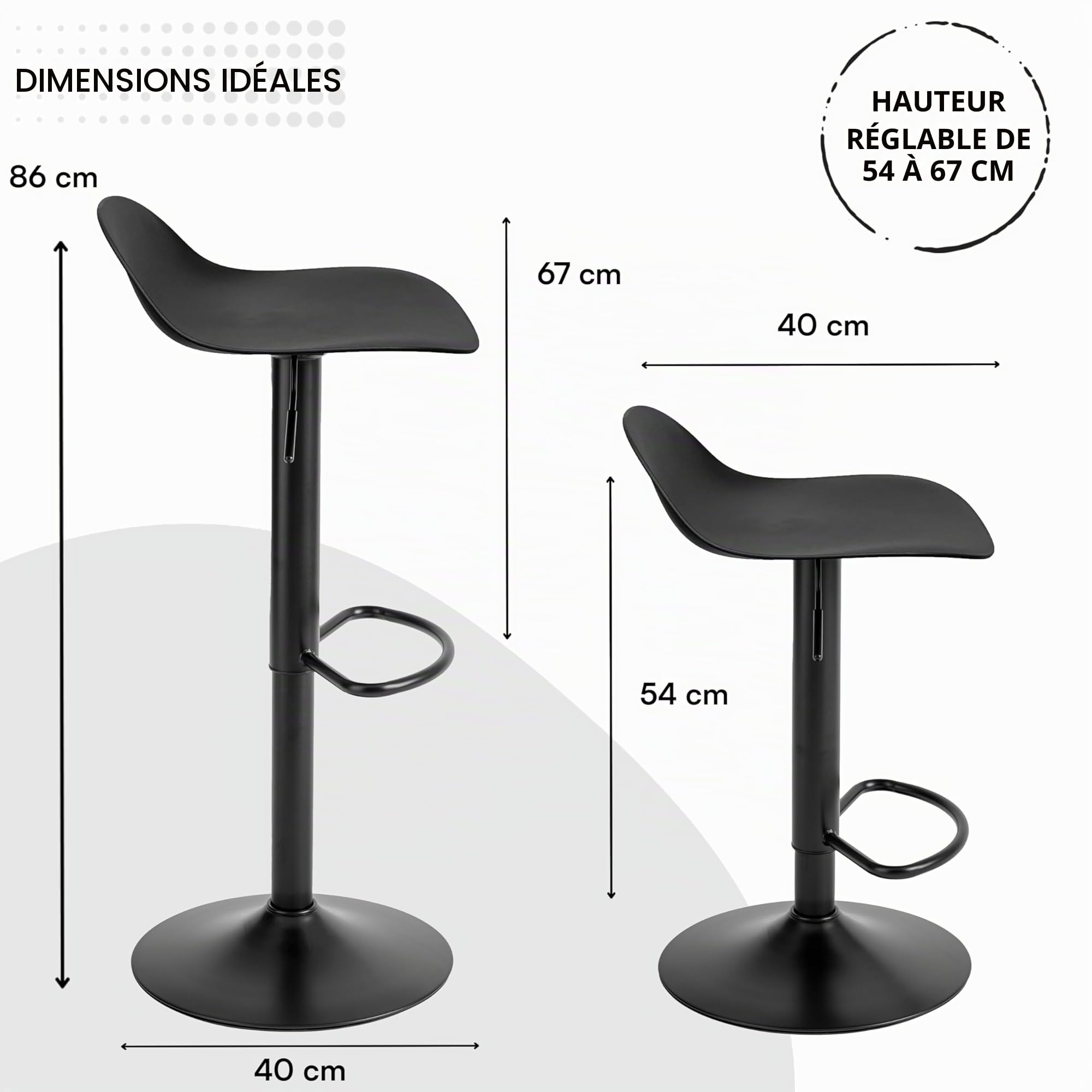 Baroni Home Tabouret de Bar Rotatif à 360°, Lot de 2 avec Hauteur réglable, Fond Anti-Rayures et Repose-Pieds, Cuisine, Restaurant, Bar, léger et Montage Facile, 41x40x64–86 cm, 2 pièces, Noir