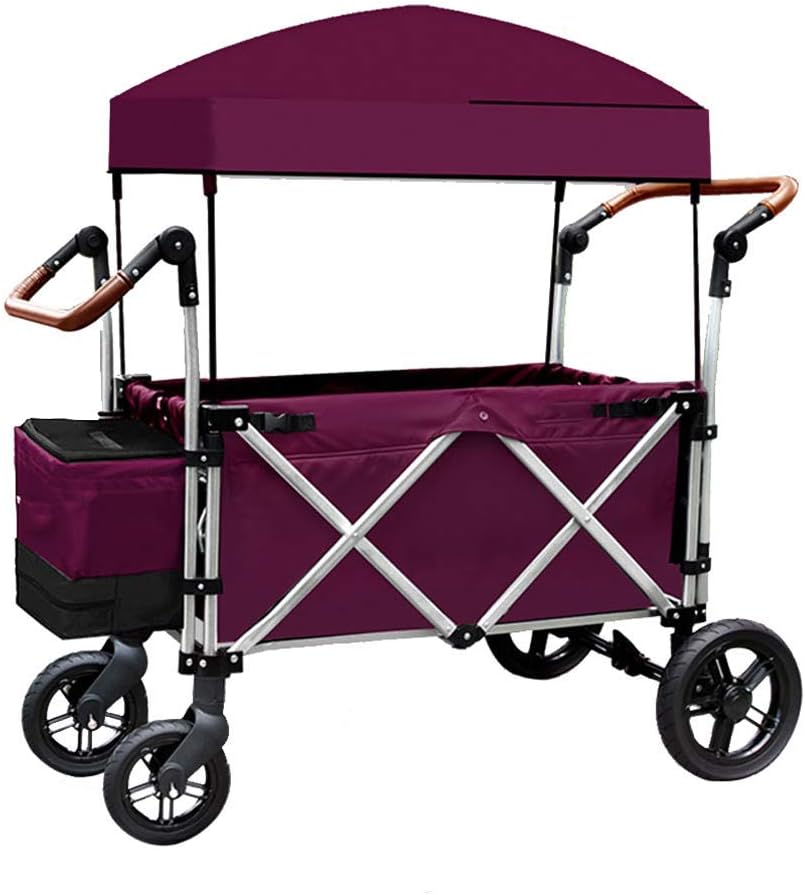 Portable Garden Trolley, Folding Wagon Capacity 100 Kg, with Shock Absorber and Safety Belt, Awning, for Picnics, Camping, Shopping, Beaches, Concerts