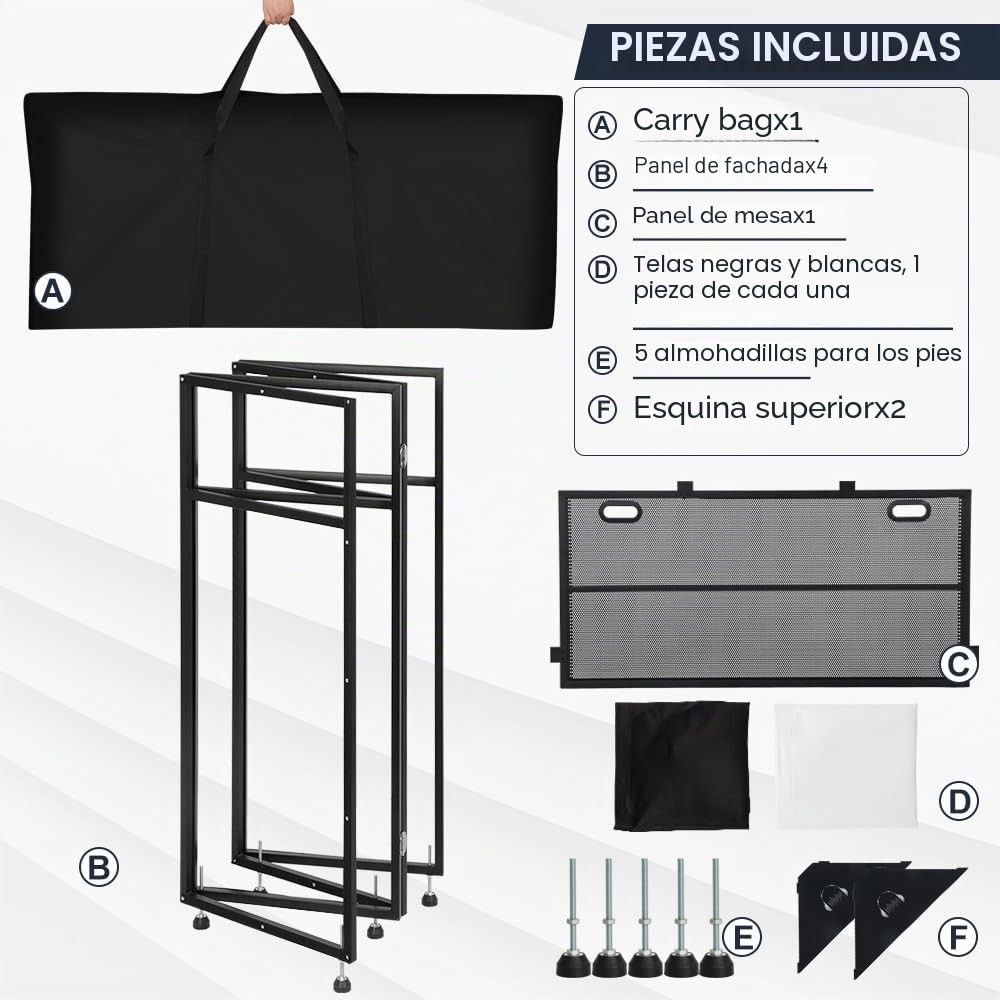 Kokorona Cabina de DJ Portátil de 108 x 51 x 115 cm con esquinas superiores dobles, cabina de fachada de DJ con agujero para cable, soporte de mesa de DJ con tira de luz y control remoto, marco de