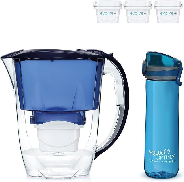 Aqua Optima Oria Water Filter Jug, 2.8 Litre Capacity, With 3 Months (3x30 Day) Evolve+ Water Filter Cartridges, With Fast Flow 5-step Filtration Technology, Plus Water Bottle