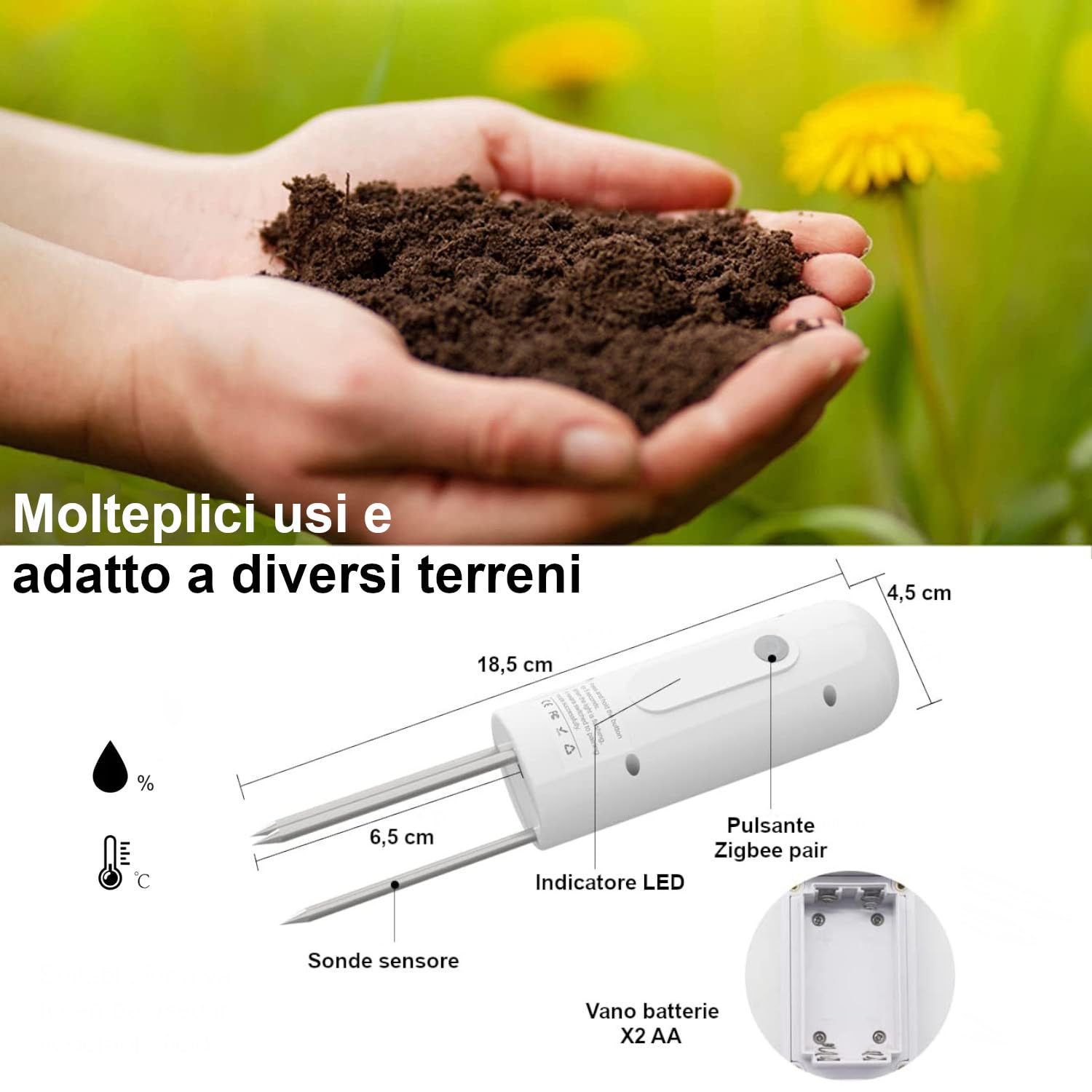 Sensore Suolo Umidità e Temperatura terreno wireless Wi-Fi con gateway Zigbee Hub controllo da App Smartphone