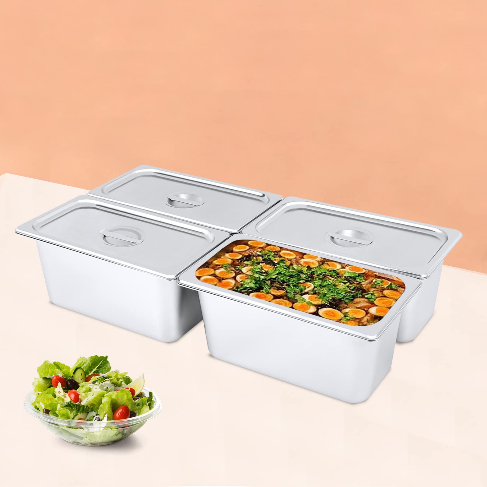 Lot de 4 Bac Alimentaire GN 1/3 en Inox 5 L, 32,5 × 17,5 × 15 cm, Plat Gastronome Profond avec Couvercle, pour Buffet, Restaurant, Cantine