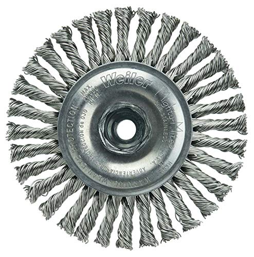Image of Weiler 13132 Mini Roughneck 4 inch Stringer Bead Wire Wheel, .020 inch Stainless Steel Fill, M10X1.25 Nut, Made in the USA (Pack of 5)
