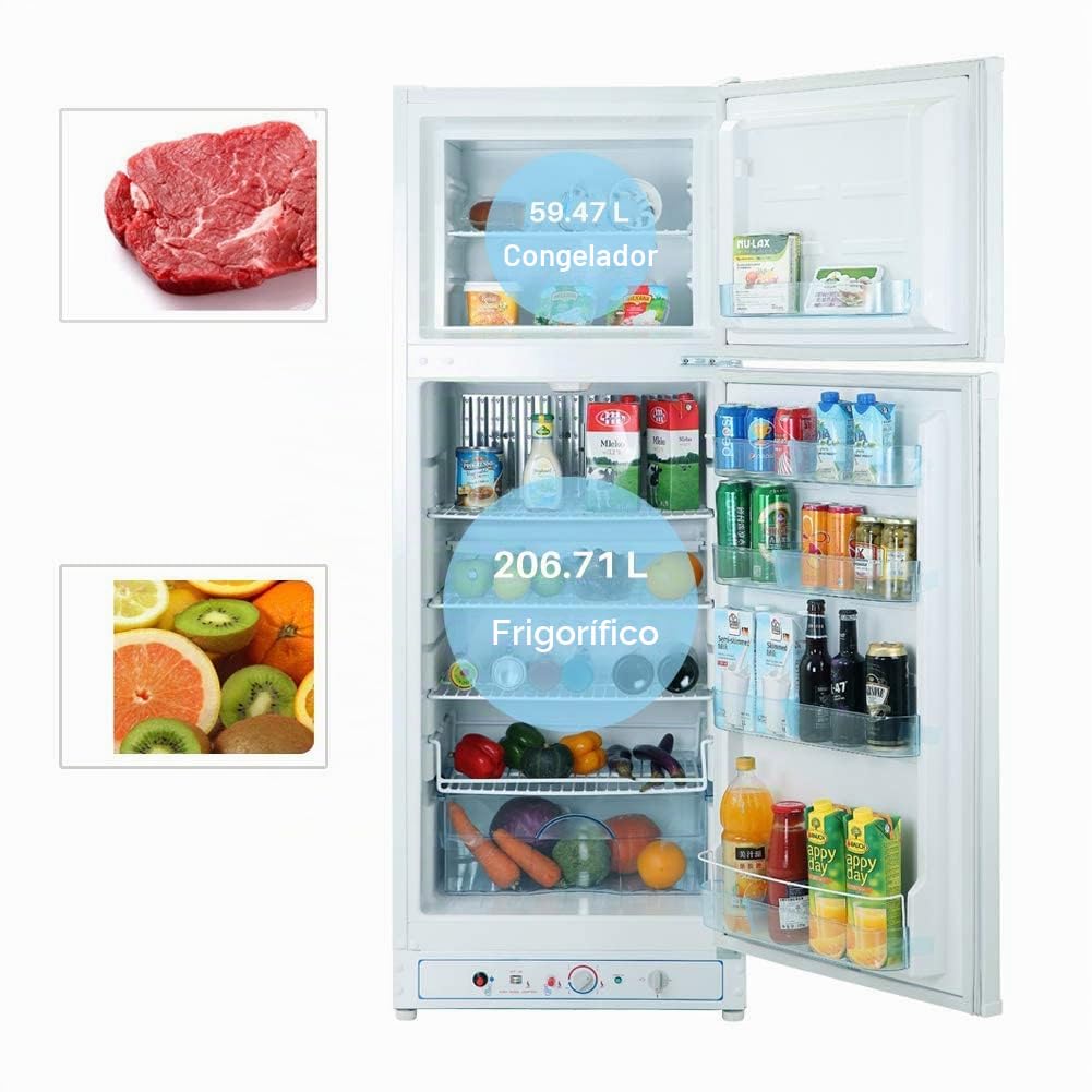 SMETA Nevera Gas con Congelador, 265L (203L+62L), 220V, Refrigerador Congelador Combinado, Refrigerador Camping Gas para Autocaravana, Garaje, Caravana, Home, Blanco