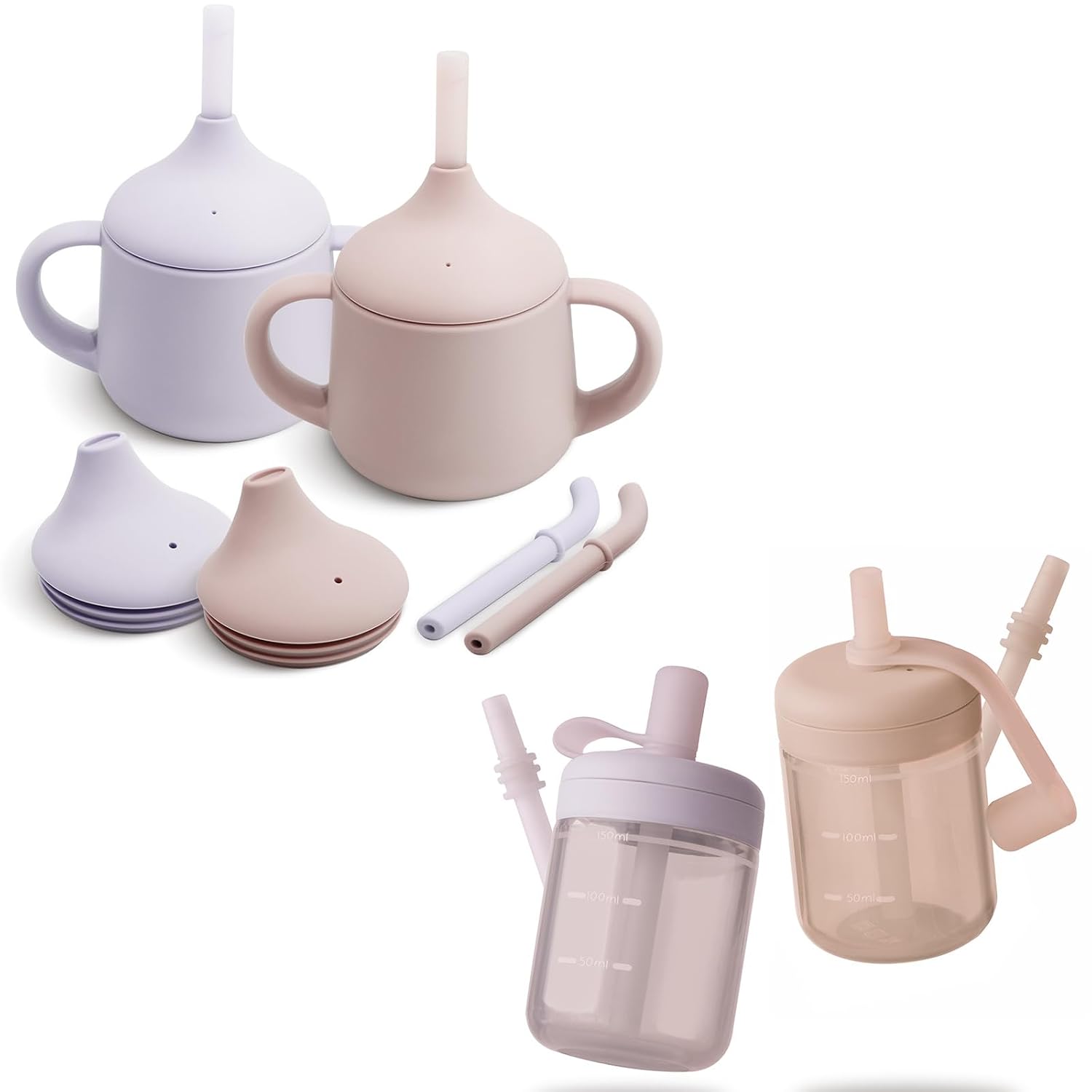 Moonkie Silicone Baby Sippy Cups 2-Pack | 3-Stage Training Cup for Infants & Toddlers | 4oz Baby Straw Cup 5oz | BPA-Free Drop-Proof Toddler Sippy Cup with Straw Lid | Baby-Led Weaning | Per