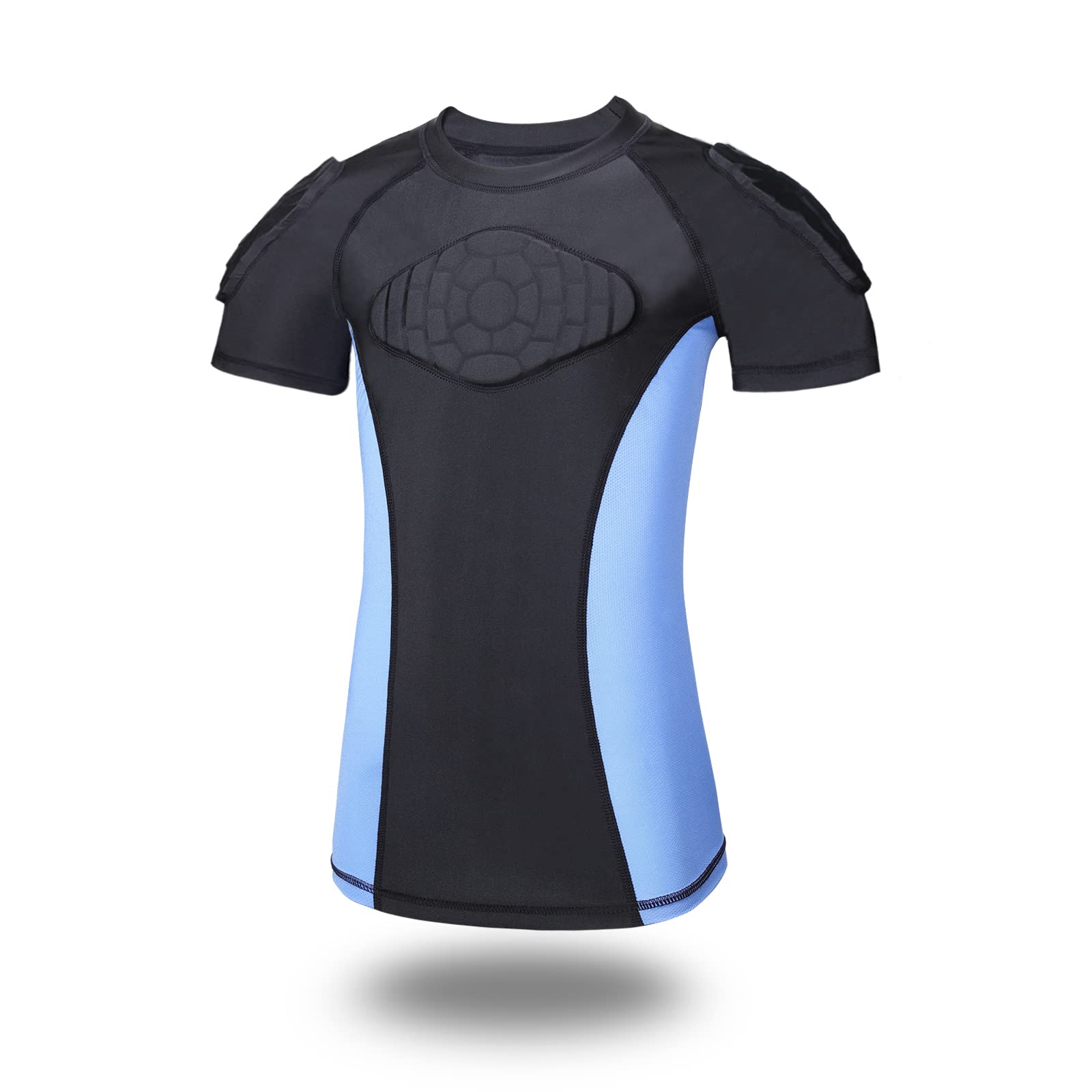 TUOY Padded Compression Shirt Top Rib Back Protector Tee Shirt Rugby Body Armour Junior Shoulder Pads Underware for Rugby Football Cycling Tennis Youth Boys