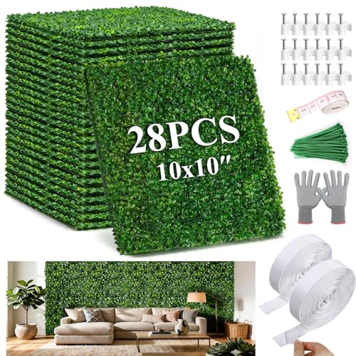 28Pcs Artificial Grass Wall Panels 10" x 10" Faux Boxwood Green Wall UV Resistant Privacy Screen 19.44 Sq Ft with Full Installation Kit for Indoor Outdoor Garden Fence Party Decor