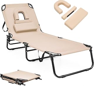 KOMFOTTEU Tumbona Plegable con 3 Reposacabezas Extraíbles y Agujero, Silla Reclinable de Playa con Respaldo Ajustable en 5 Posiciones, Tumbona Portátil para Piscina, 63 x 194 x 37 cm (Beige)