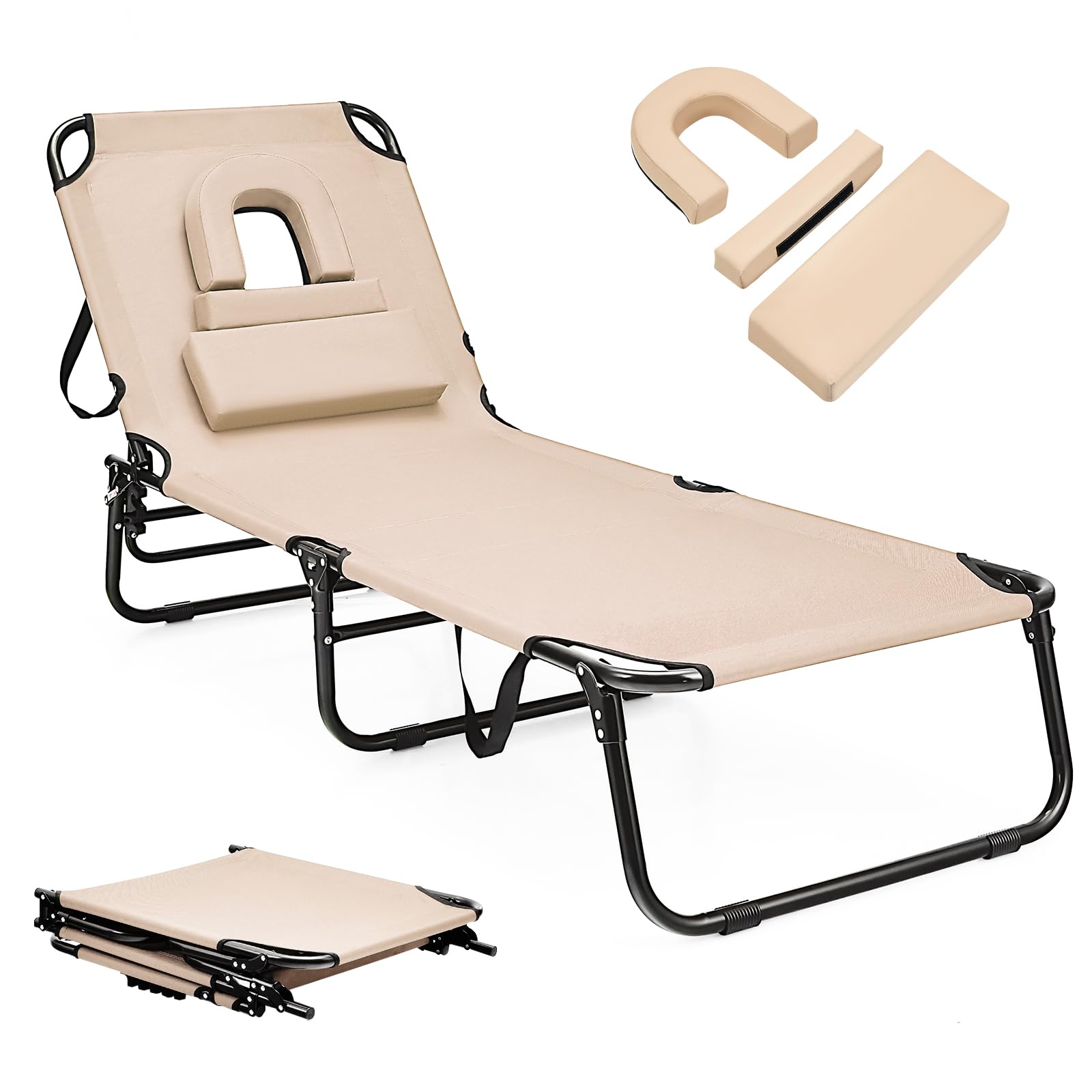 KOMFOTTEU Tumbona Plegable con 3 Reposacabezas Extraíbles y Agujero, Silla Reclinable de Playa con Respaldo Ajustable en 5 Posiciones, Tumbona Portátil para Piscina, 63 x 194 x 37 cm (Beige)