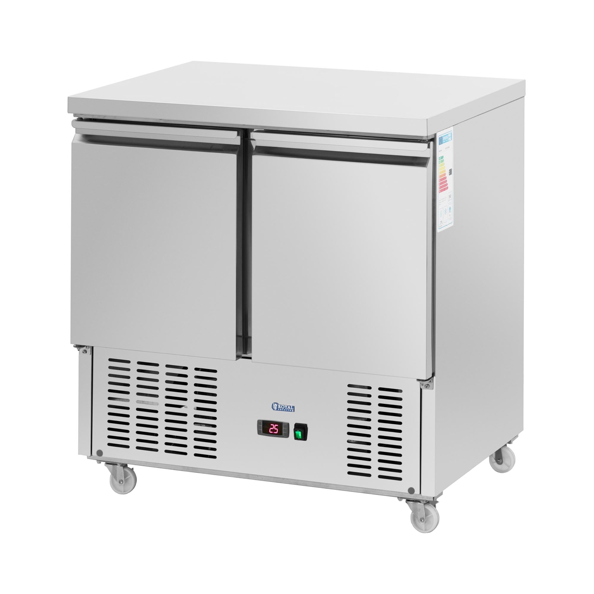 Royal Catering Table réfrigérée sur roulettes 240 l avec 2 compartiments 90 x 70 cm Classe C Inox - Table frigo Desserte réfrigérée Table froide