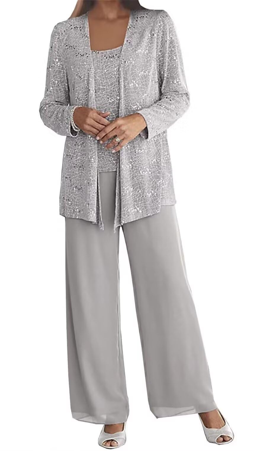 3 Pieces Pant Suits for Women Dressy Outfit Jumpsuits Sequins Lace Long Mother of The Bride Dress with Jacket