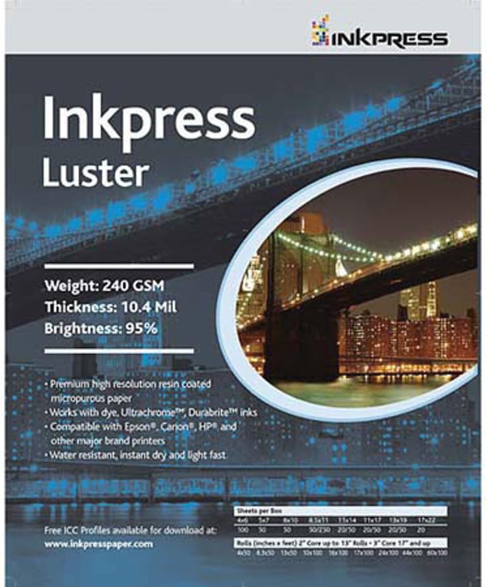 Inkpress Luster Premium Single Sided Bright Resin Coated Photograde Inkjet Paper, 10.4mil., 240gsm., 5x7", 500 Sheets