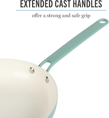 Miniatura 7 de Martha Stewart Emmeline - Juego de ollas y sartenes de aluminio esmaltado de calibre pesado, antiadherentes, sin PFA, 12 piezas, color verde azulado