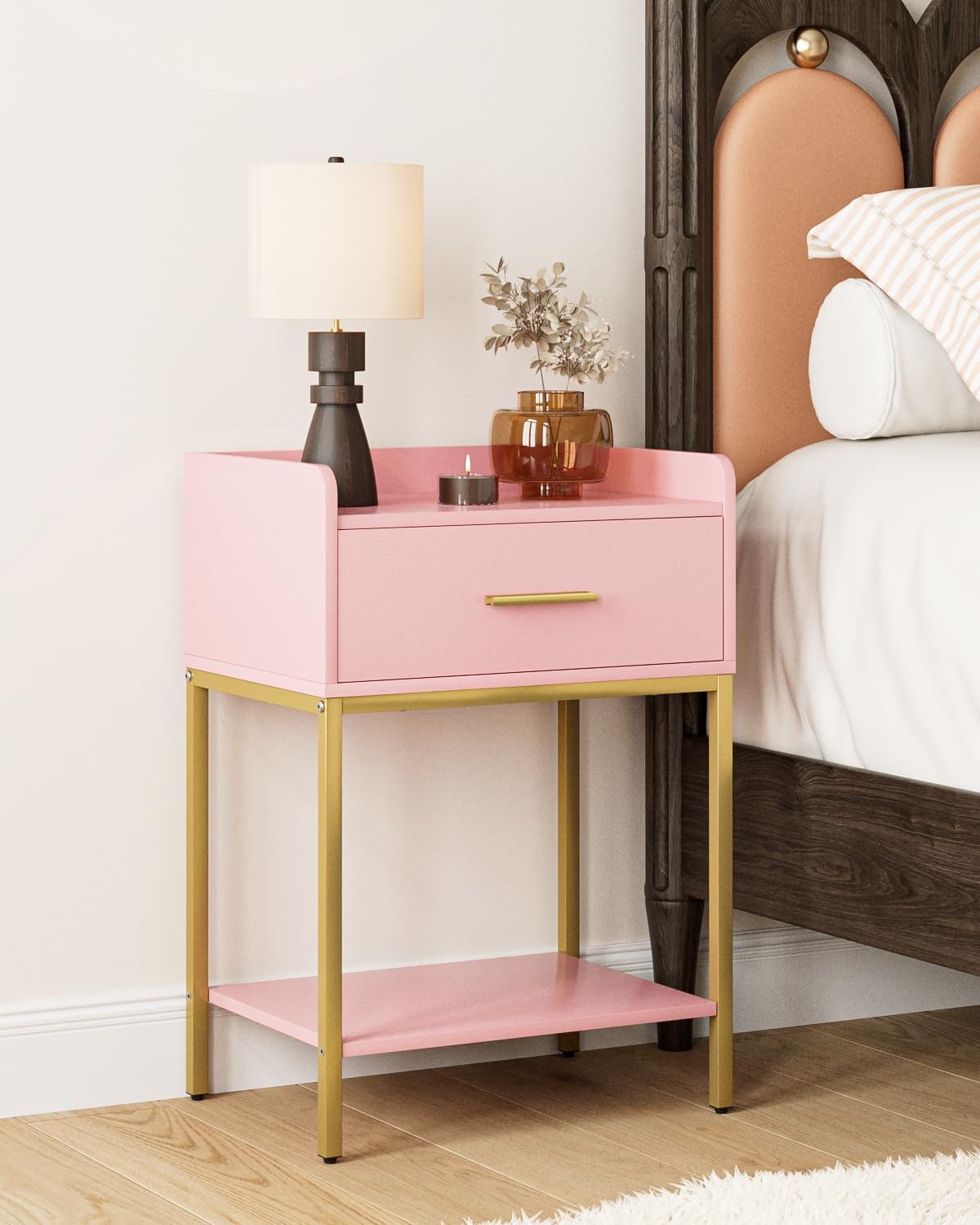 Nightstand, Modern Bedside Table with Drawer and Legs,Pink and Gold Night Stand with Open Shelf, Narrow Side Table for Bedroom, Living Room