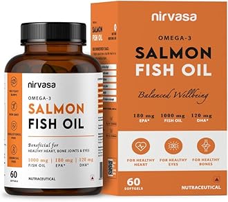 Nirvasa Omega-3 Salmon Fish Oil Capsules (1000mg, 60 Softgels) | High-Potency 180mg EPA & 120mg DHA | Supports Heart, Brain, Eye & Bone Health | No Fishy Burps | For Men & Women – Pack of 1