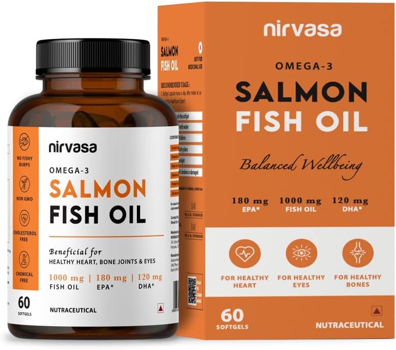 Nirvasa Omega-3 Salmon Fish Oil Capsules (1000mg, 60 Softgels) | High-Potency 180mg EPA & 120mg DHA | Supports Heart, Brain, Eye & Bone Health | No Fishy Burps | For Men & Women – Pack of 1