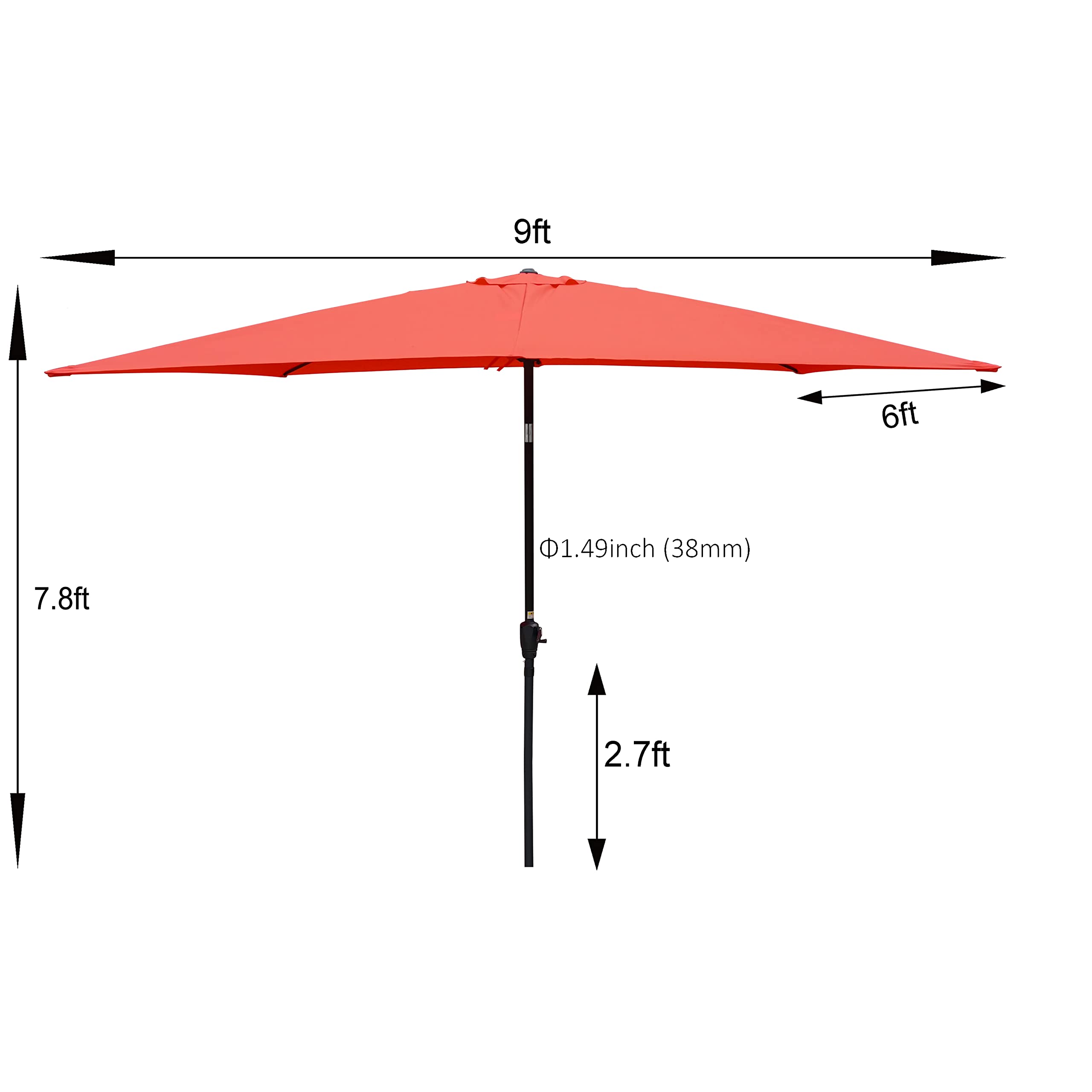 Royard Oaktree 6x9ft Patio Umbrella, Outdoor Rectangular Market Umbrella with Crank and Push Button Tilt, Outside UV Protection Sun Shade Table Umbrella for Garden Lawn Backyard Poolside, Brick red