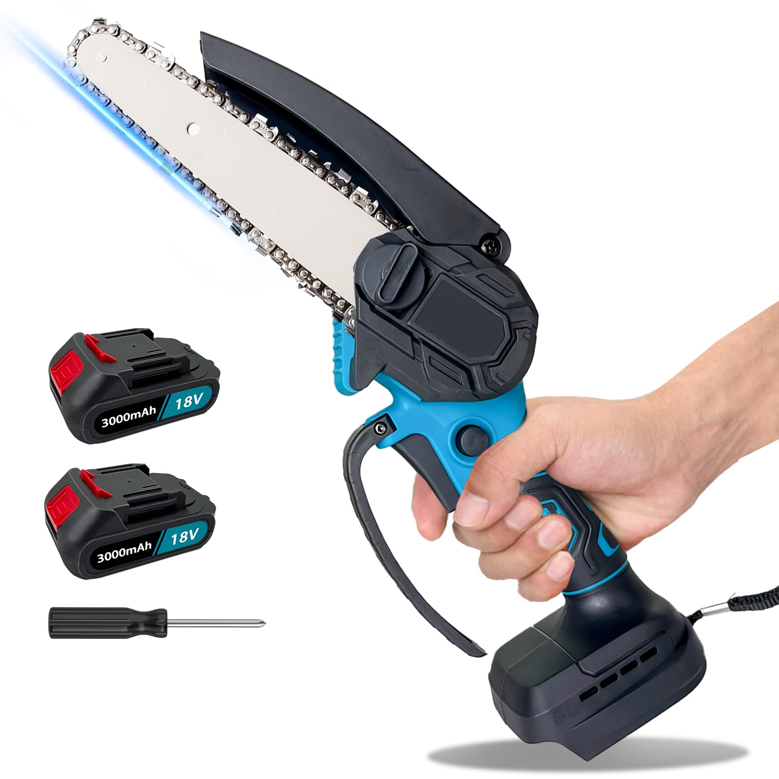 Akku-Kettensäge 6 Zoll – Mit 2x 6000mAh Akkus, Einhändig Bedienbar, Für Garten & Holz